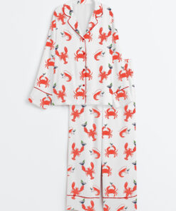 Women's Lobster Shrimp Crab Martini Fisherman Aesthetic Old Money Aesthetic Cape Cod Nantucket Boston Maine Ocean Inspired Long Sleeve Satin Pajamas Set