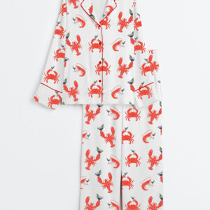 Women's Lobster Shrimp Crab Martini Fisherman Aesthetic Old Money Aesthetic Cape Cod Nantucket Boston Maine Ocean Inspired Long Sleeve Satin Pajamas Set
