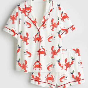 Womenâ€™s Lobster Shrimp Crab Martini Fisherman Aesthetic Old Money Aesthetic Cape Cod Nantucket Boston Maine Ocean Inspired Short Sleeve Satin Pajama Set
