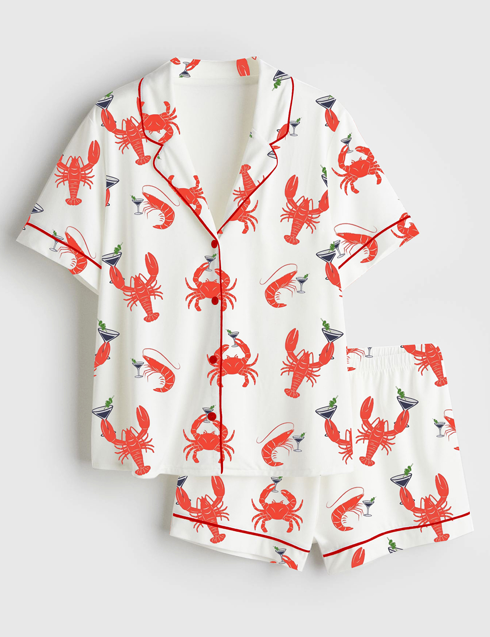 Women's Lobster Shrimp Crab Martini Fisherman Aesthetic Old Money Aesthetic Cape Cod Nantucket Boston Maine Ocean Inspired Short Sleeve Satin Pajama Set