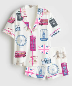 Women's London Britain Girls Trip Amalfi Coast Lake Como Travel Short Sleeve Satin Pajama Set