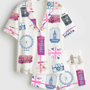 Womenâ€™s London Britain Girls Trip Amalfi Coast Lake Como Travel Short Sleeve Satin Pajama Set
