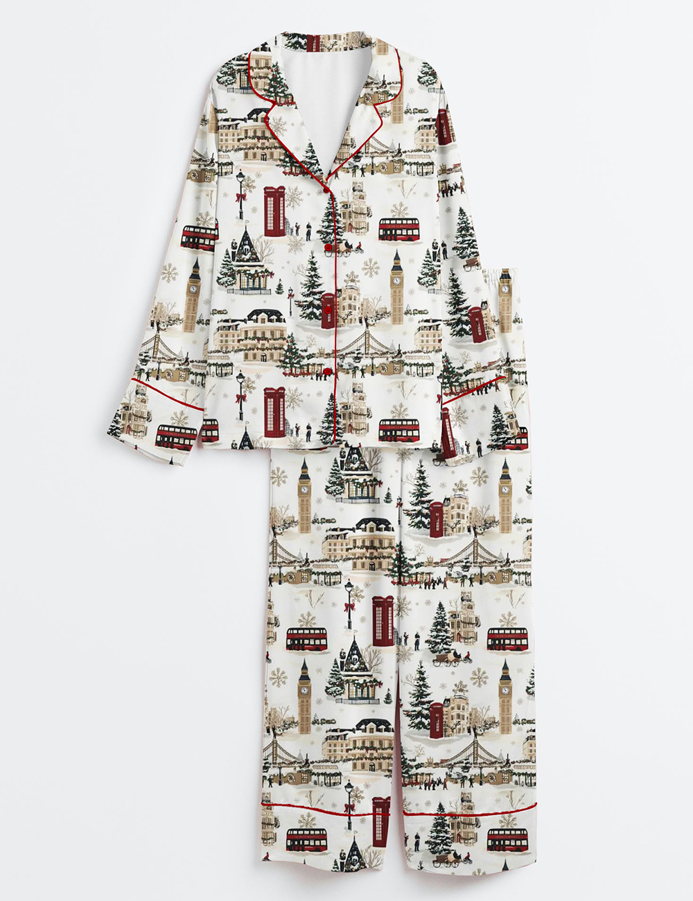 Womenâ€™s London Christmas Holiday Red Phone Booths Snowflakes Pubs Buses Long Sleeve Satin Pajama Set