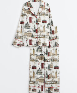 Women's London Christmas Holiday Red Phone Booths Snowflakes Pubs Buses Long Sleeve Satin Pajamas Set