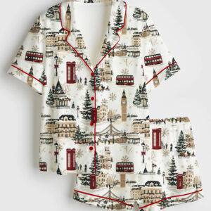 Womenâ€™s London Christmas Holiday Red Phone Booths Snowflakes Pubs Buses Short Sleeve Satin Pajama Set