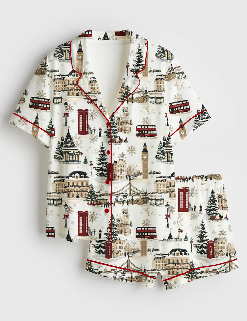 Womenâ€™s London Christmas Holiday Red Phone Booths Snowflakes Pubs Buses Short Sleeve Satin Pajama Set
