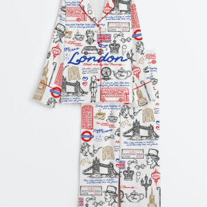 Women's London England United Kingdom Travel Long Sleeve Satin Pajamas Set