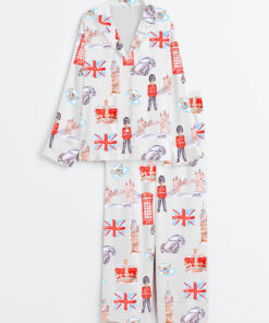 Women's London Travel Watercolor England United Kingdom Landmarks England Cityscape Print Long Sleeve Satin Pajama Set