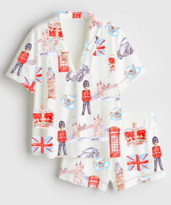 Women's London Travel Watercolor England United Kingdom Landmarks England Cityscape Print Short Sleeve Satin Pajama Set