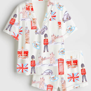 Womenâ€™s London Travel Watercolor England United Kingdom Landmarks England Cityscape Print Short Sleeve Satin Pajama Set