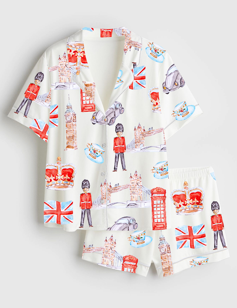 Womenâ€™s London Travel Watercolor England United Kingdom Landmarks England Cityscape Print Short Sleeve Satin Pajama Set