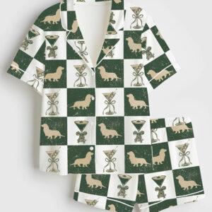 Womenâ€™s Long Haired Dachshund Weenies And Martinis Bachelorette Dog Bach Weenies & Tinis Doxie Short Sleeve Satin Pajama Set