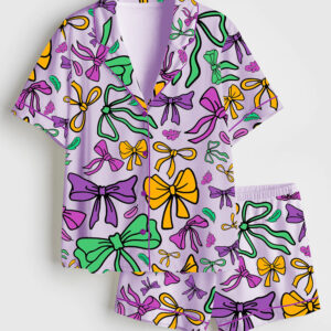 Women's Louisiana Mardi Gras Coquette Short Sleeve Satin Pajama Set