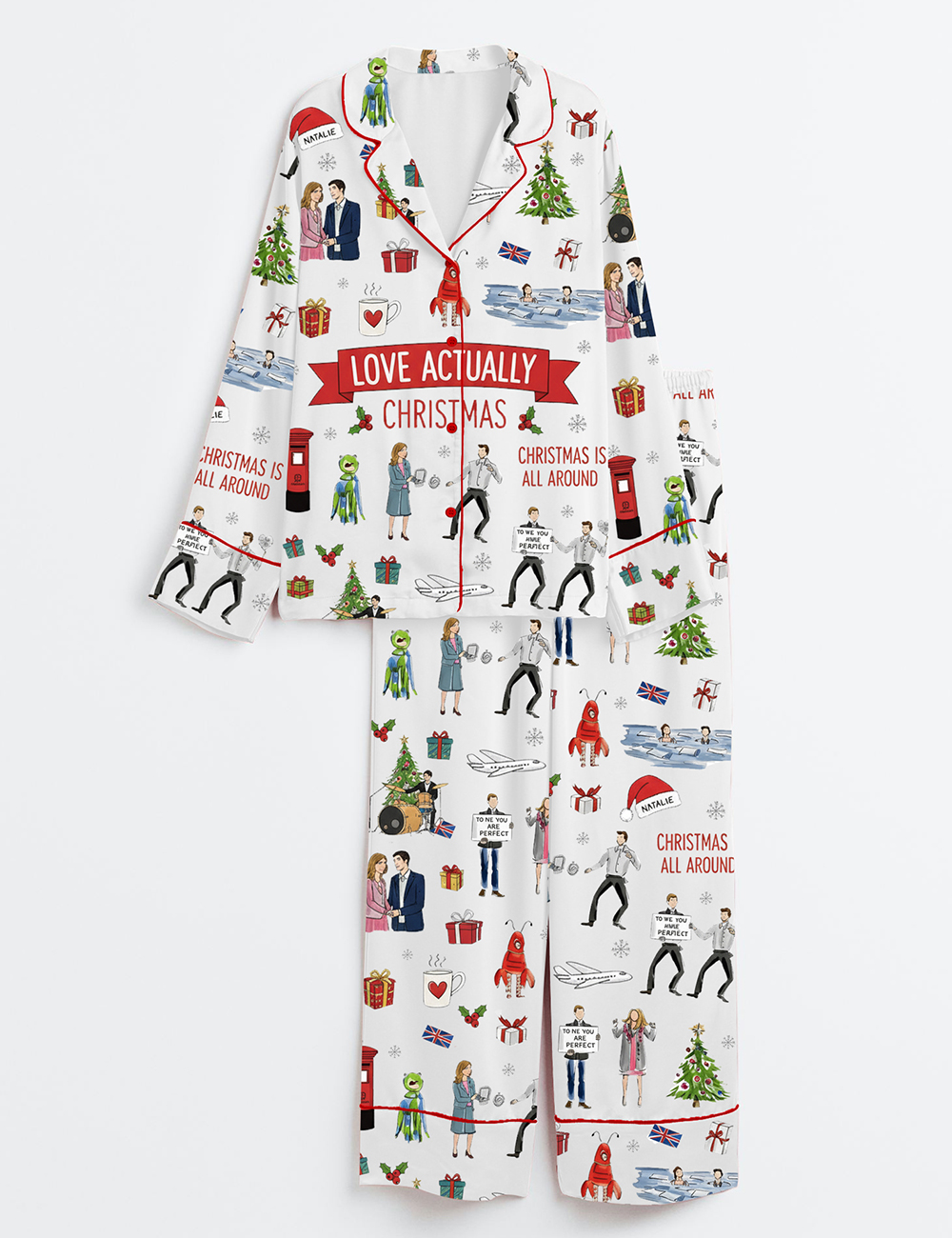 Women's Love Actually Christmas To Me Your Are Perfect Long Sleeve Satin Family Pajamas Set