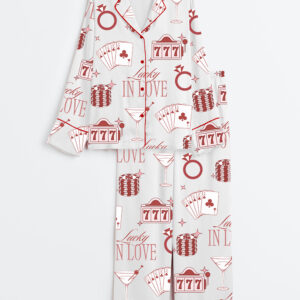 Womenâ€™s Lucky In Love Bachelorette Casino Bachelorette Party Los Vegas Bachelorette Martini Print Long Sleeve Satin Pajama Set