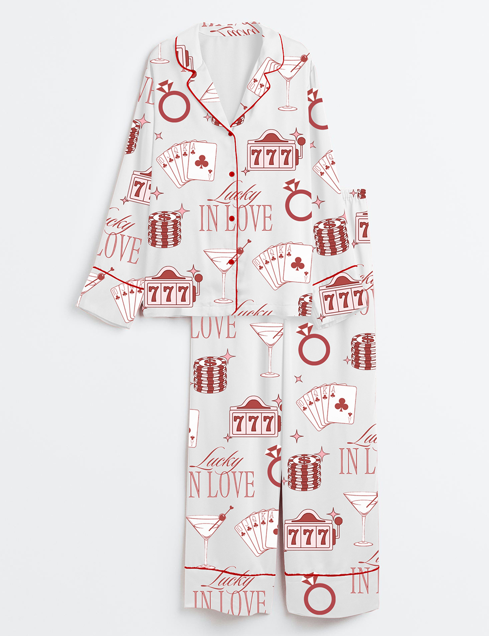 Womenâ€™s Lucky In Love Bachelorette Casino Bachelorette Party Los Vegas Bachelorette Martini Print Long Sleeve Satin Pajama Set