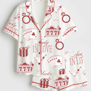 Womenâ€™s Lucky In Love Bachelorette Casino Bachelorette Party Los Vegas Bachelorette Martini Print Short Sleeve Satin Pajama Set