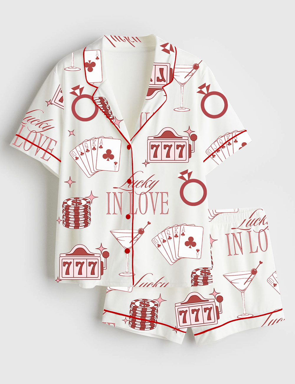 Womenâ€™s Lucky In Love Bachelorette Casino Bachelorette Party Los Vegas Bachelorette Martini Print Short Sleeve Satin Pajama Set