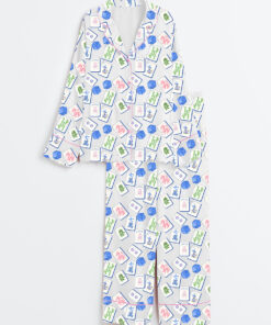 Women's Mahjong Set Chinoiserie Blue Watercolor Chinoiserie Grand Millennial Wedding Print Long Sleeve Satin Pajama Set