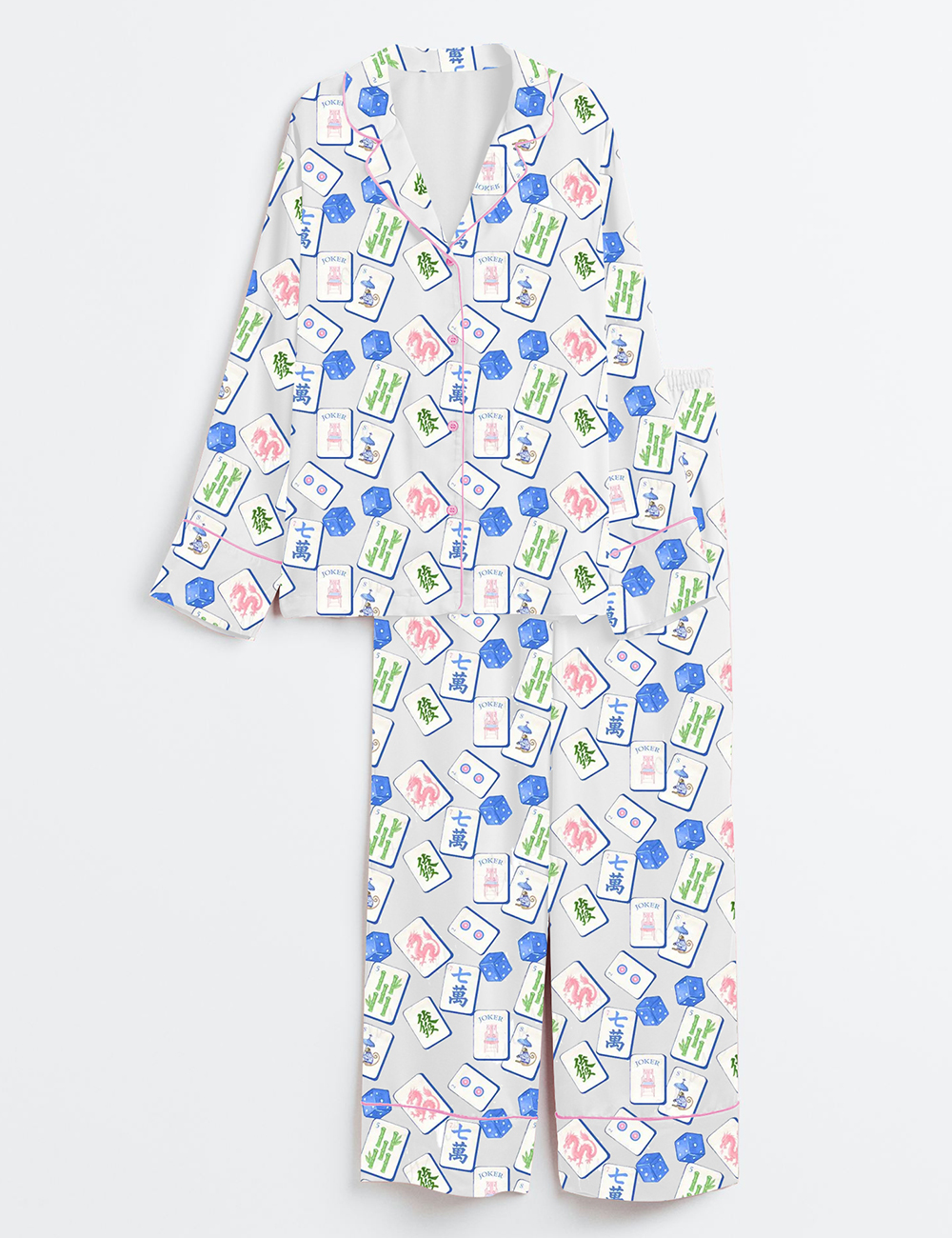 Womenâ€™s Mahjong Set Chinoiserie Blue Watercolor Chinoiserie Grand Millennial Wedding Print Long Sleeve Satin Pajama Set