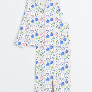 Women's Mahjong Set Chinoiserie Blue Watercolor Chinoiserie Grand Millennial Wedding Print Long Sleeve Satin Pajamas Set