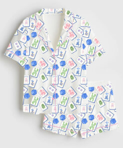 Women's Mahjong Set Chinoiserie Blue Watercolor Chinoiserie Grand Millennial Wedding Print Short Sleeve Satin Pajama Set