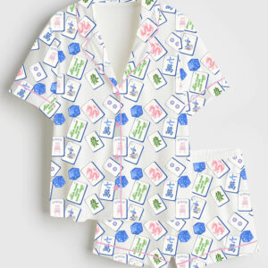 Womenâ€™s Mahjong Set Chinoiserie Blue Watercolor Chinoiserie Grand Millennial Wedding Print Short Sleeve Satin Pajama Set