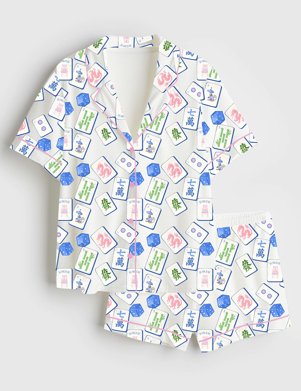 Womenâ€™s Mahjong Set Chinoiserie Blue Watercolor Chinoiserie Grand Millennial Wedding Print Short Sleeve Satin Pajama Set