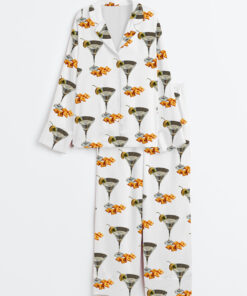 Women's Martini And Cheese Crackers Cute Quirky Whimsical Cocktail Art Print Long Sleeve Satin Pajama Set