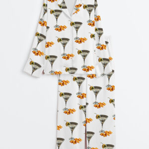 Womenâ€™s Martini And Cheese Crackers Cute Quirky Whimsical Cocktail Art Print Long Sleeve Satin Pajama Set
