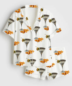 Women's Martini And Cheese Crackers Cute Quirky Whimsical Cocktail Art Print Short Sleeve Satin Pajama Set