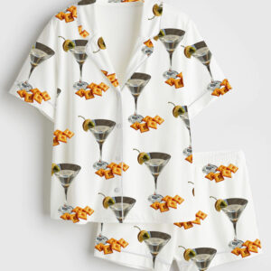 Womenâ€™s Martini And Cheese Crackers Cute Quirky Whimsical Cocktail Art Print Short Sleeve Satin Pajama Set