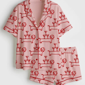 Womenâ€™s Martini And Weenies Daschund Dog Short Sleeve Satin Pajama Set
