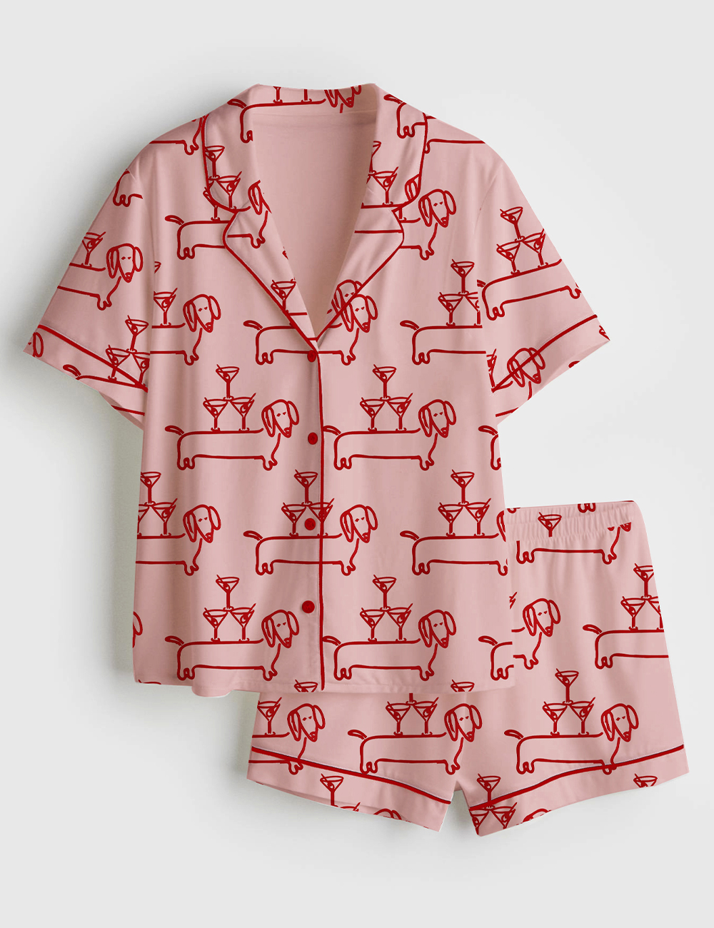Women’s Martini And Weenies Daschund Dog Short Sleeve Satin Pajama Set