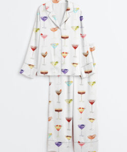 Women's Martini Clipart Gin Cocktail Dirty Martini Fruity Mocktail Party Alcohol Drinks Mixed Drink Long Sleeve Satin Pajama Set