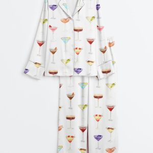Women's Martini Clipart Gin Cocktail Dirty Martini Fruity Mocktail Party Alcohol Drinks Mixed Drink Long Sleeve Satin Pajamas Set