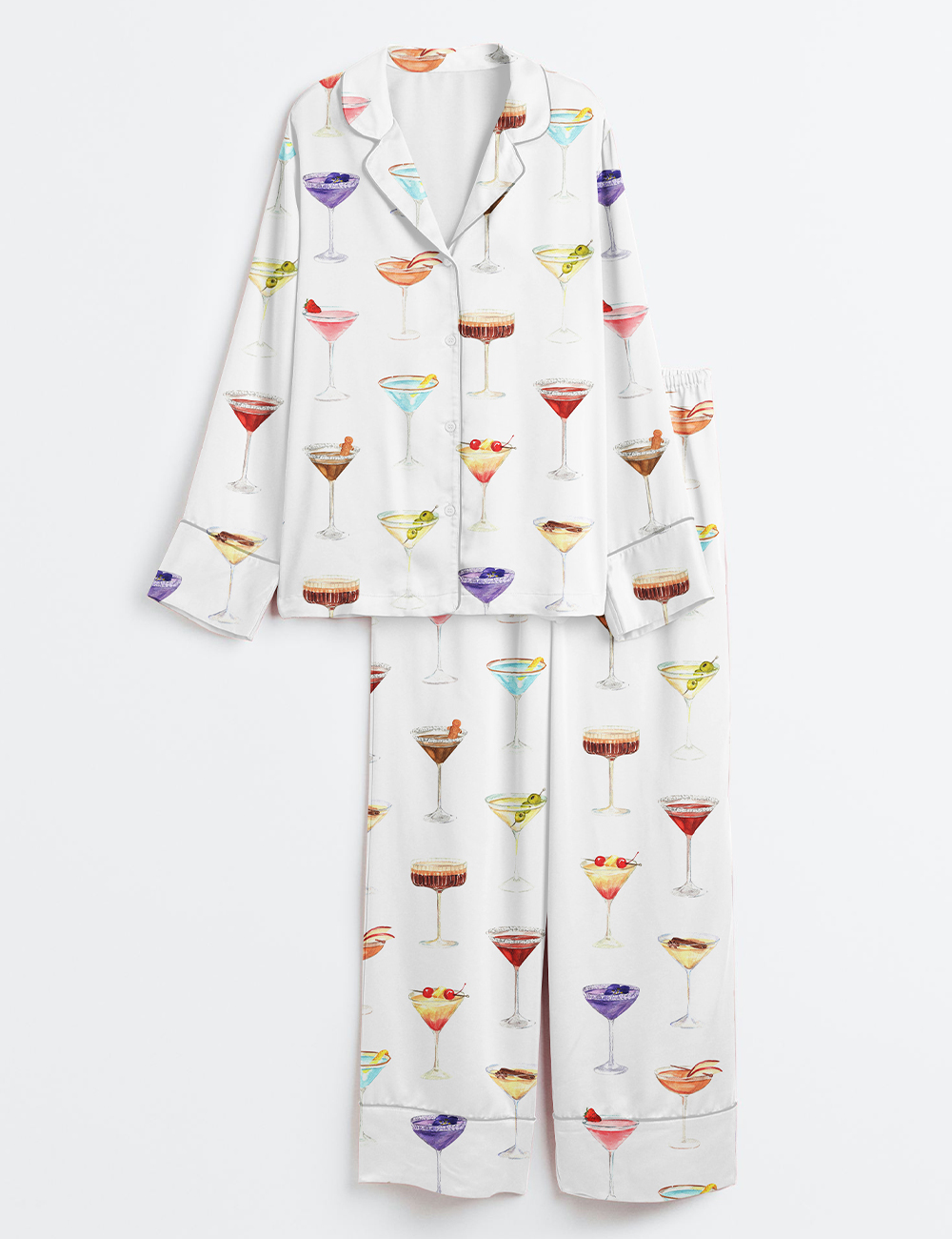 Women's Martini Clipart Gin Cocktail Dirty Martini Fruity Mocktail Party Alcohol Drinks Mixed Drink Long Sleeve Satin Pajamas Set