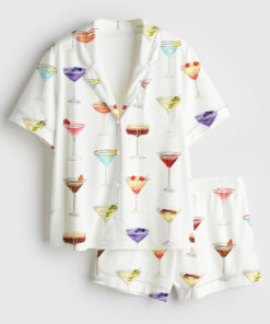 Women's Martini Clipart Gin Cocktail Dirty Martini Fruity Mocktail Party Alcohol Drinks Mixed Drink Short Sleeve Satin Pajama Set