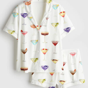 Womenâ€™s Martini Clipart Gin Cocktail Dirty Martini Fruity Mocktail Party Alcohol Drinks Mixed Drink Short Sleeve Satin Pajama Set