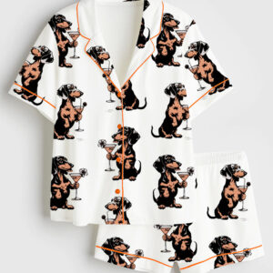 Women's Martini Cocktail Lover Dachshund Cocktail Weenies Short Sleeve Satin Pajama Set