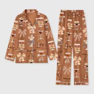 Women's Martini Espresso Cocktail Preppy Girls Night Trendy Bow Long Sleeve Pocket Cotton Pajama Set