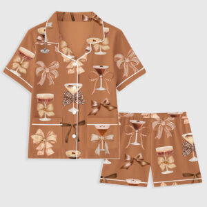 Women's Martini Espresso Cocktail Preppy Girls Night Trendy Bow Short Sleeve Pocket Cotton Pajama Set