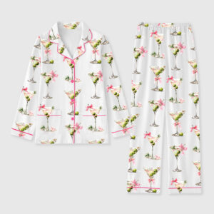 Women's Martini Glass Olive Bow Junk Journal Long Sleeve Pocket Cotton Pajama Set