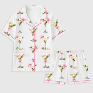 Women's Martini Glass Olive Bow Junk Journal Short Sleeve Pocket Cotton Pajama Set