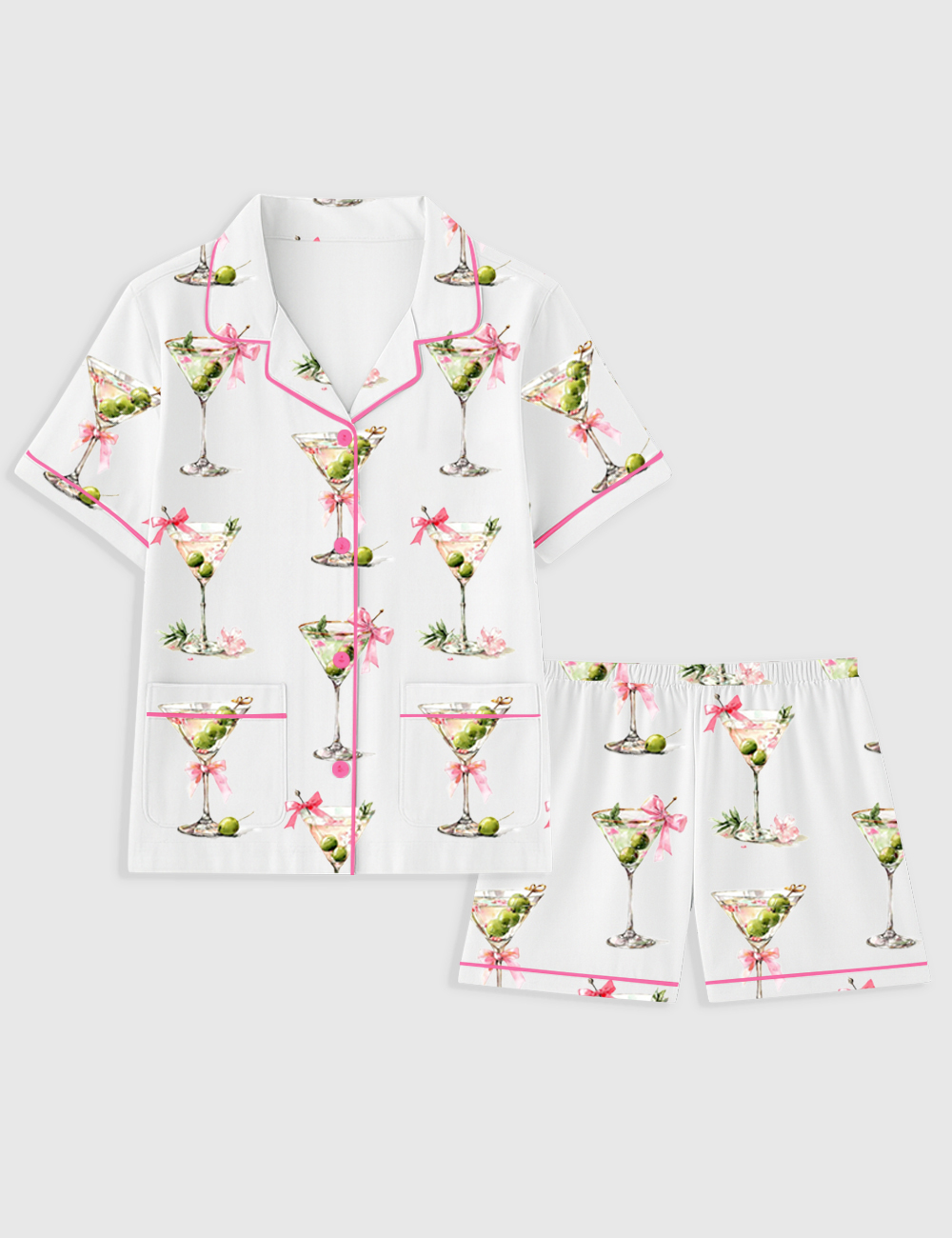 Women's Martini Glass Olive Bow Junk Journal Short Sleeve Pocket Cotton Pajama Set