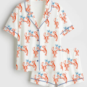 Womenâ€™s Martini Lobster Fisherman Aesthetic Short Sleeve Satin Pajama Set