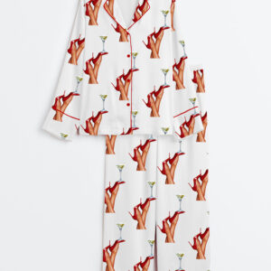 Women's Martini & Red Heels Retro Print Long Sleeve Satin Pajamas Set