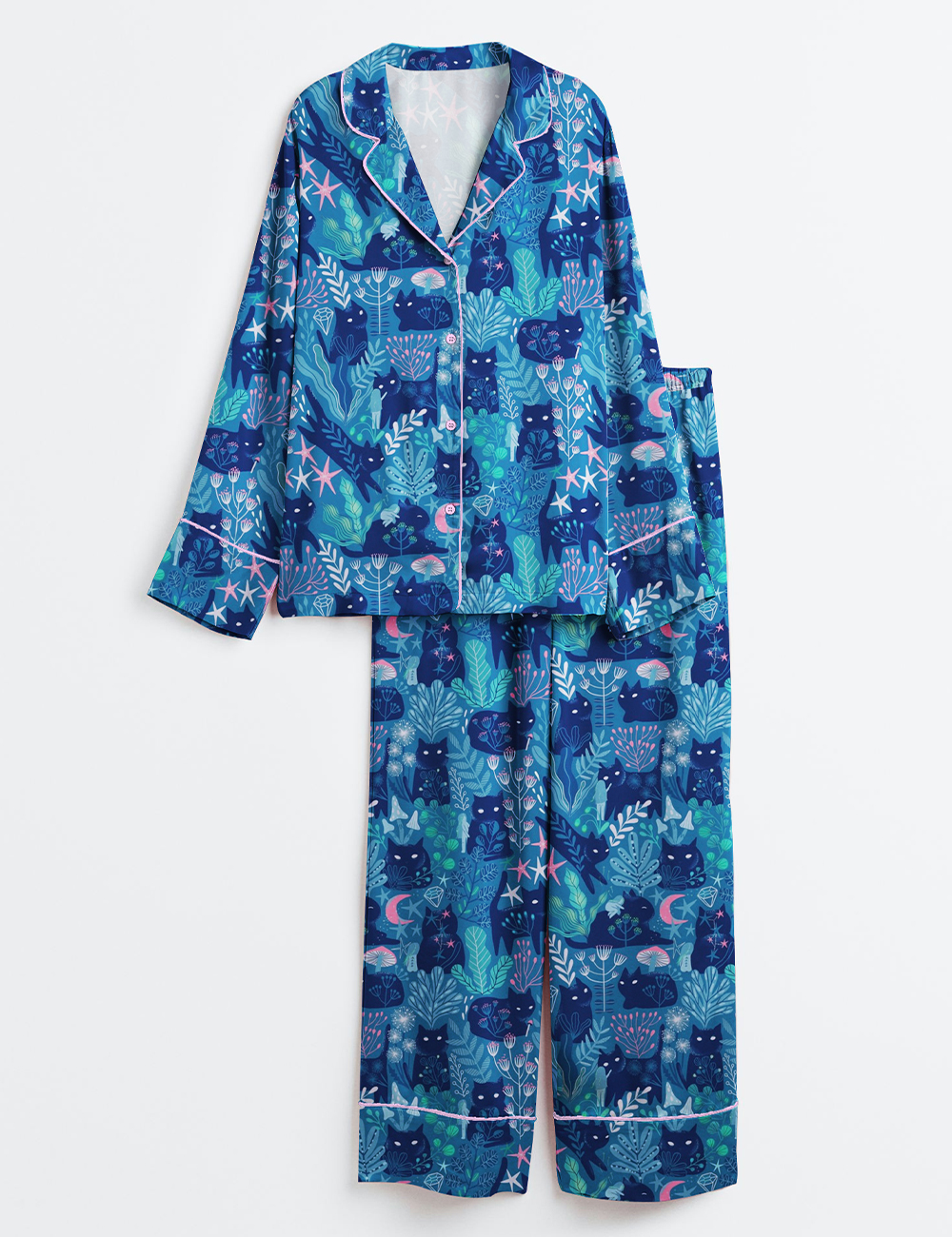 Womenâ€™s Meowgical Friends Plants And Flowers Halloween Cat Long Sleeve Satin Pajama Set