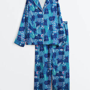 Women's Meowgical Friends Plants And Flowers Halloween Cat Long Sleeve Satin Pajamas Set