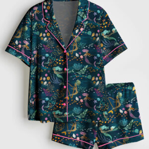 Womenâ€™s Mermaid Music Undersea Beauty Animals and Plants Short Sleeve Satin Pajama Set